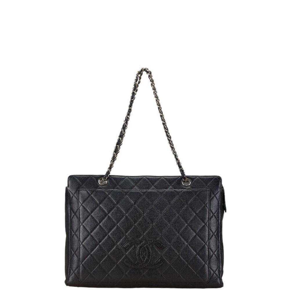 Chanel Coco Mark Chain Tote Bag Black Silver Caviar Leather